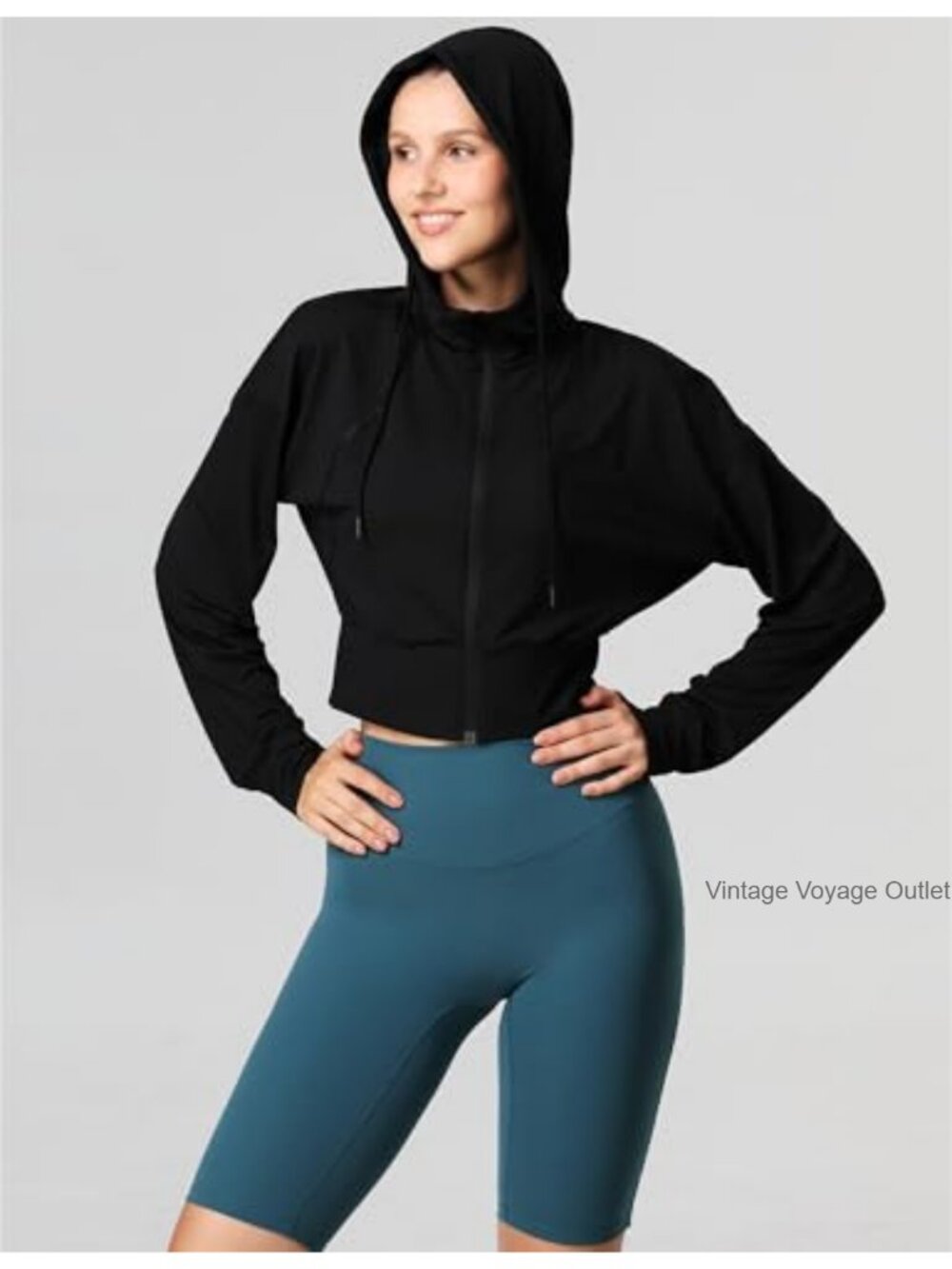 Cropped Full Zip Athletic Hoodie for Women Long Sleeve Workout Yoga Track Jacket - Picture 3 of 5